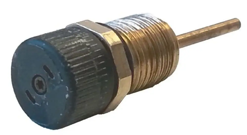 Syr Entlüfter mit einer metallischen Basis und einem drehbaren Kopf, der eine Entlüftungsöffnung aufweist. Das Produkt dient zur Entlüftung von Heizungsanlagen.